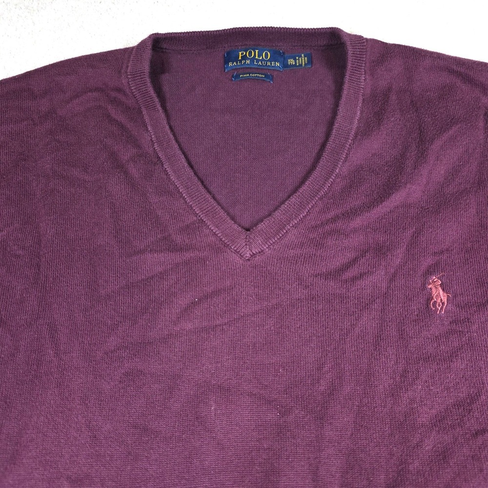 Polo Ralph Lauren Sweater Mens 2XL‎ Burgundy Knit Pima Cotton V-Neck Pony Logo